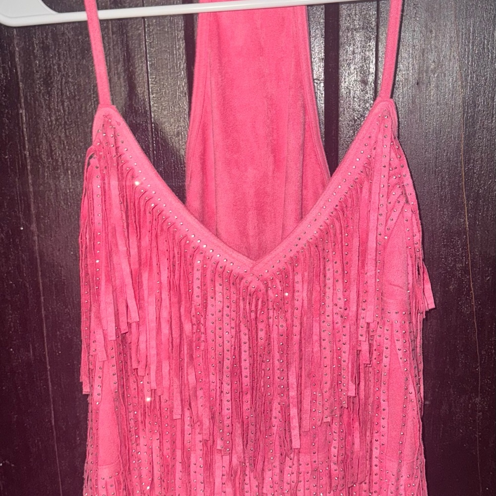 Vibrant Pink Fringe Halter Top
